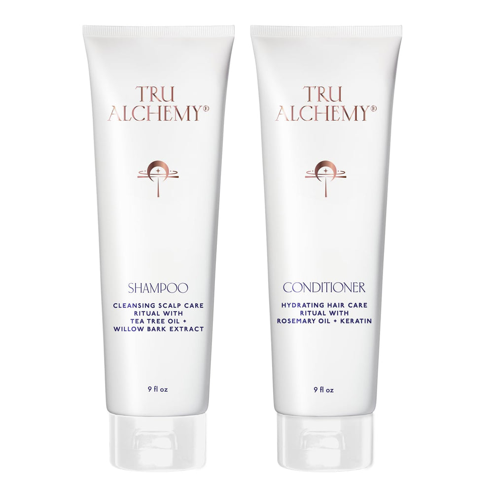 Tru Alchemy Shampoo bottle showing refreshing cleanse and gentle hydration.