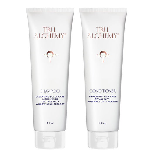 Tru Alchemy Shampoo bottle showing refreshing cleanse and gentle hydration.