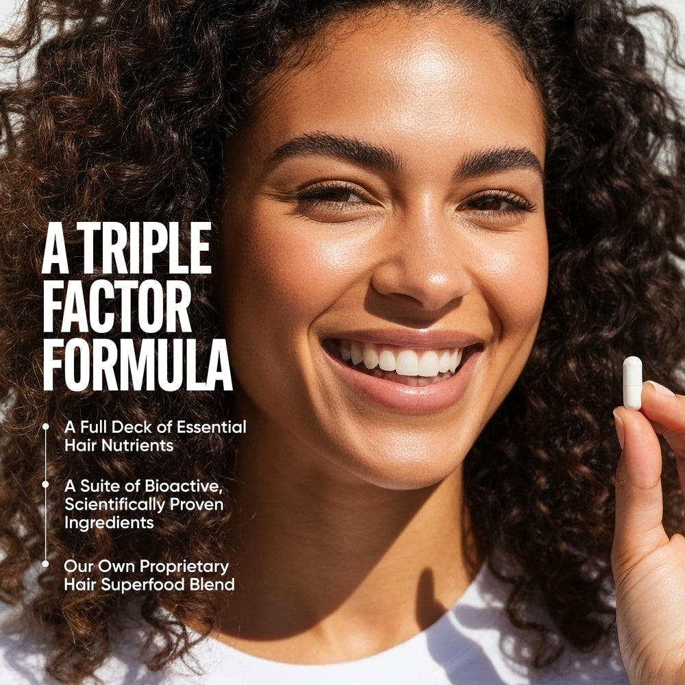 Tru Bloom Hair Growth Vitamins ingredients spoon foreground emphasizes key bioactives.