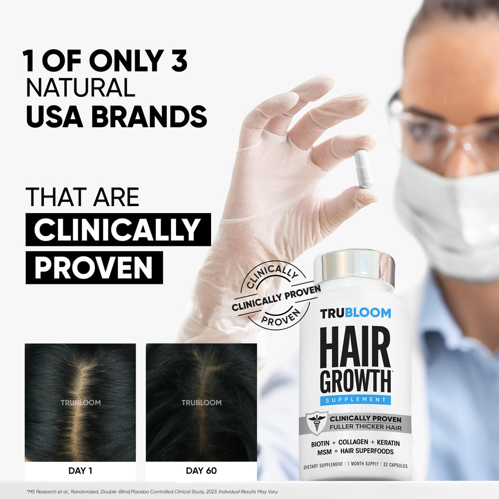 Tru Bloom Hair Growth Vitamins pour-cap hints at easy consumption.