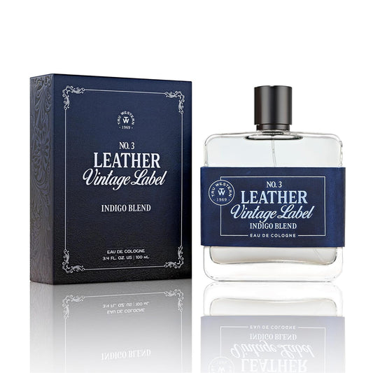 Tru Fragrance Leather No. 3 bottle with vintage Indigo label for everyday masculine confidence.