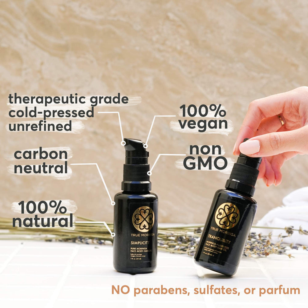 True Moringa Oil dropper closeup emphasizes purity and fast absorption.