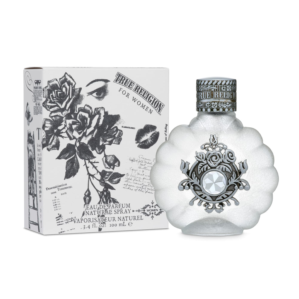 True Religion Eau de Parfum for Women bottle close-up reveals a fruity floral profile.