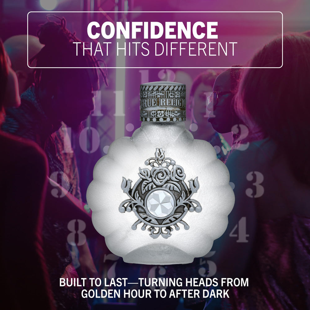 True Religion bottle on mirror reflects the vibrant fruity floral mood.