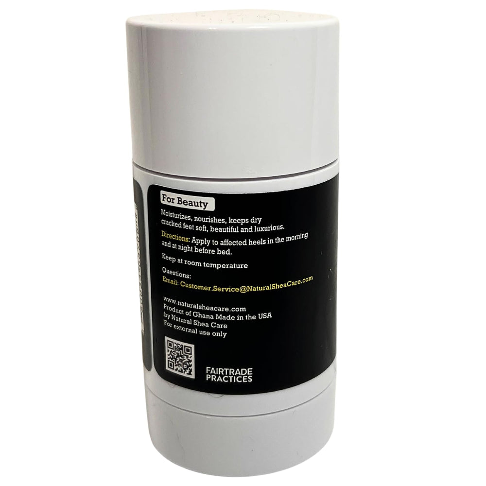 True Shea Heel Balm packaging showcasing ethical sourcing story and vanilla scent.