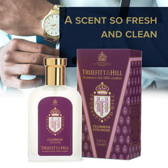 Truefitt & Hill Clubman label detail for a timeless grooming look.