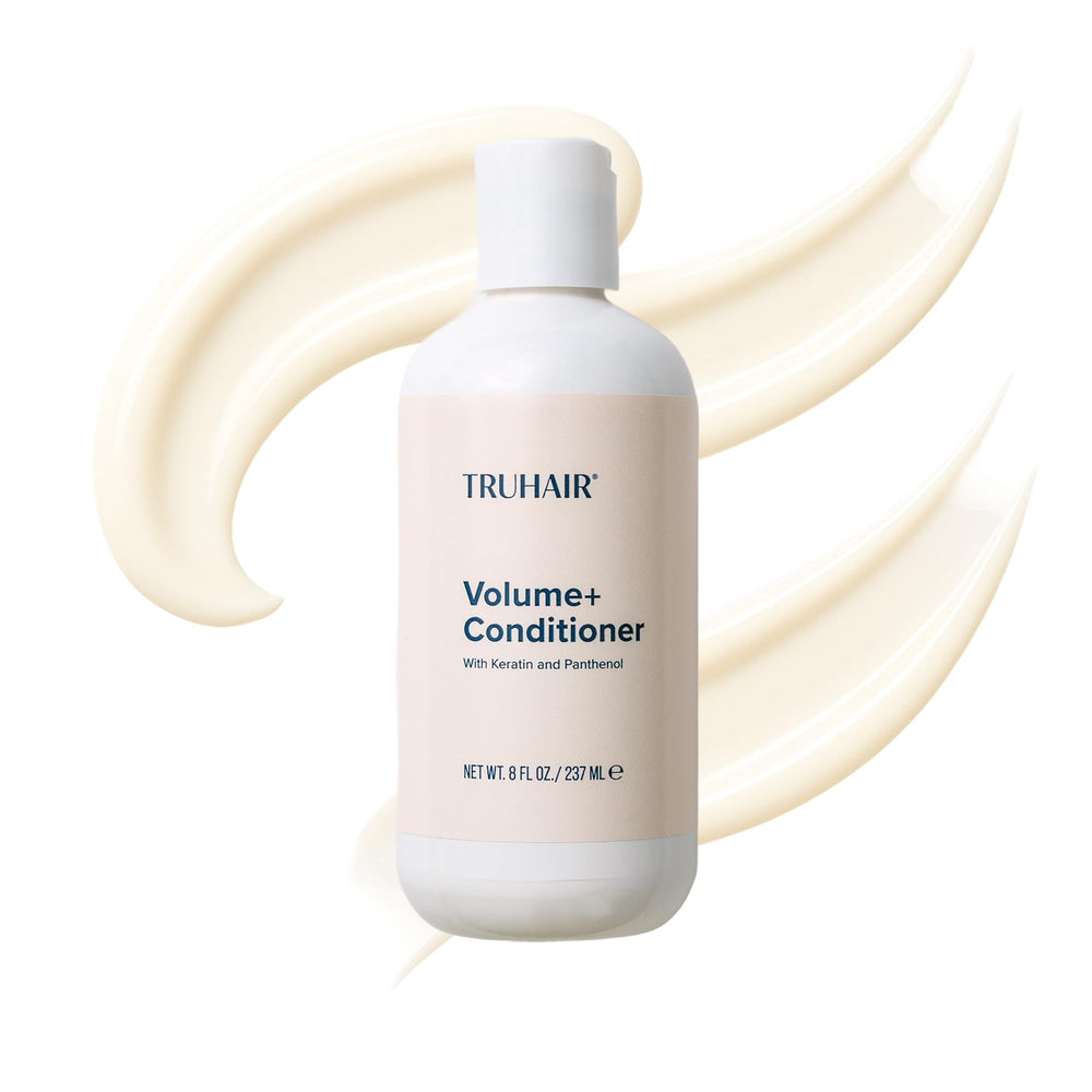 Truhair Volume+ bottle pour shows lightweight hydration for fine hair.