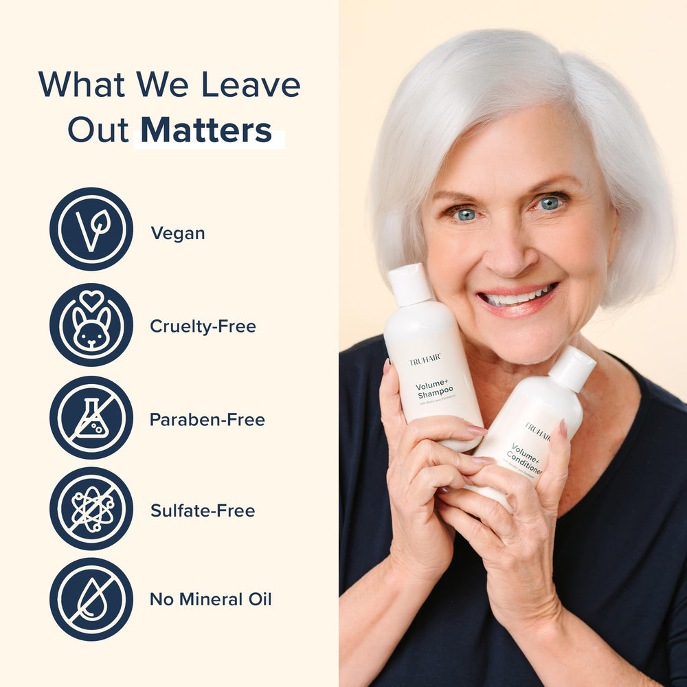 TRUHAIR Volume+ Conditioner on shiny hair after use highlights natural gloss.