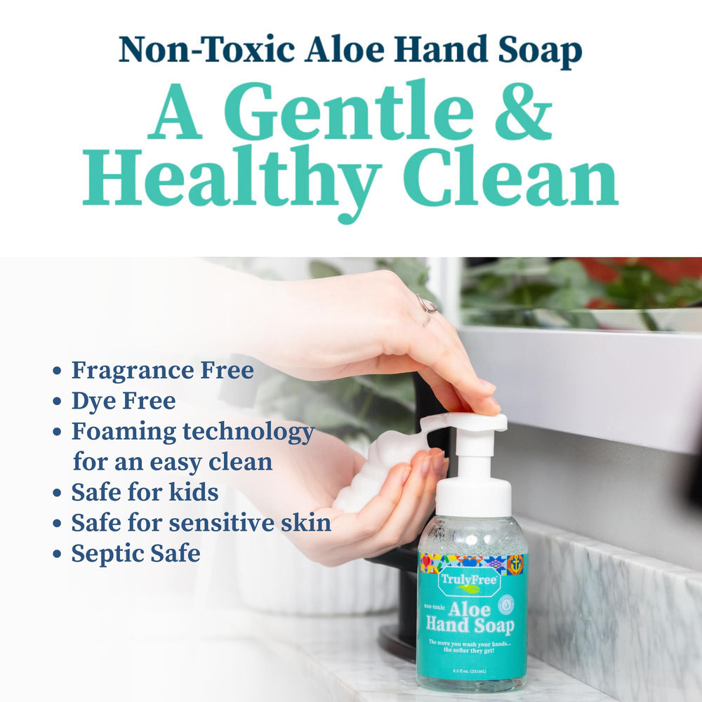 Truly Free Aloe Hand Soap for sensitive skin shown as unscented formula.