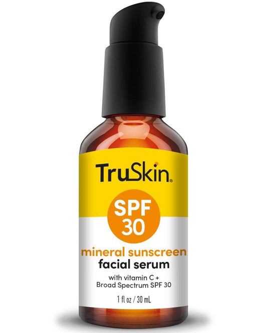 TruSkin Sunscreen Serum bottle close-up showing tinted mineral protection and featherweight texture