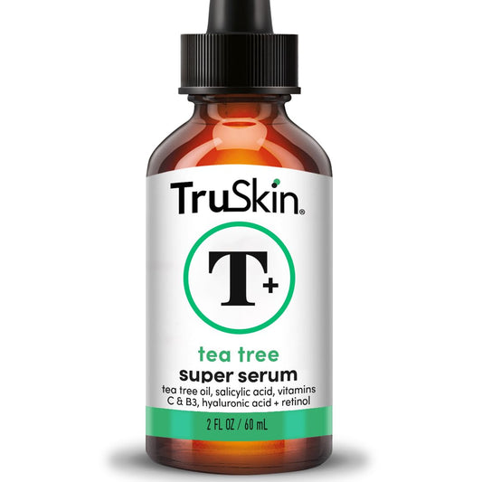 TruSkin Tea Tree Oil Serum bottle with pump for precise application and control.