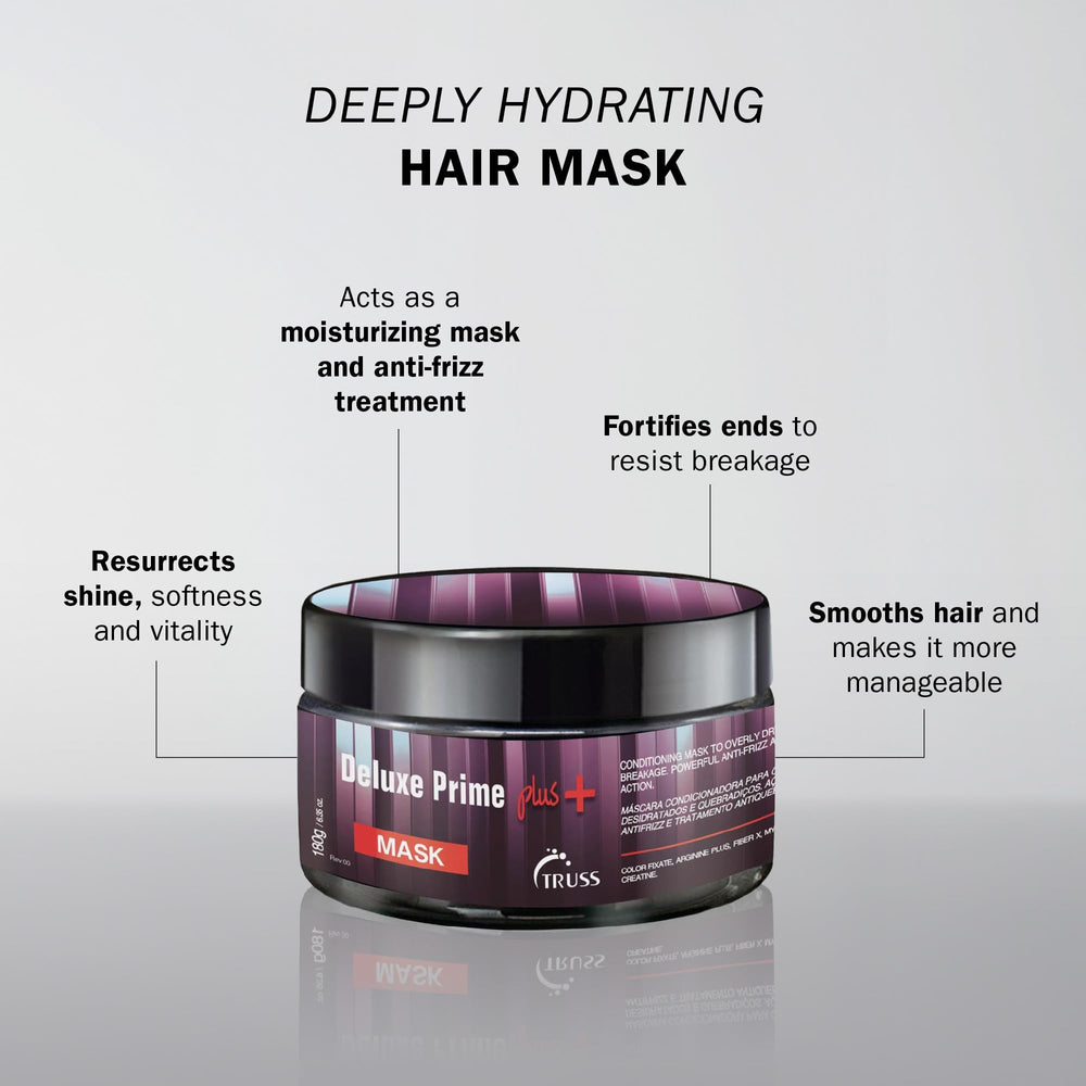TRUSS Deluxe Prime Mask jar of cream highlighting rich conditioning for damaged strands.
