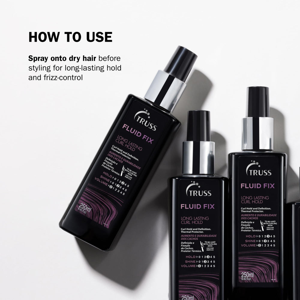 TRUSS Fluid Fix anti-frizz mist smooths flyaways for a polished finish.