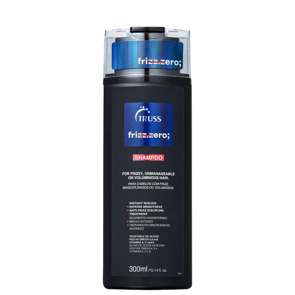 TRUSS Frizz Zero Shampoo bottle pour shows anti-frizz protection for smooth hair