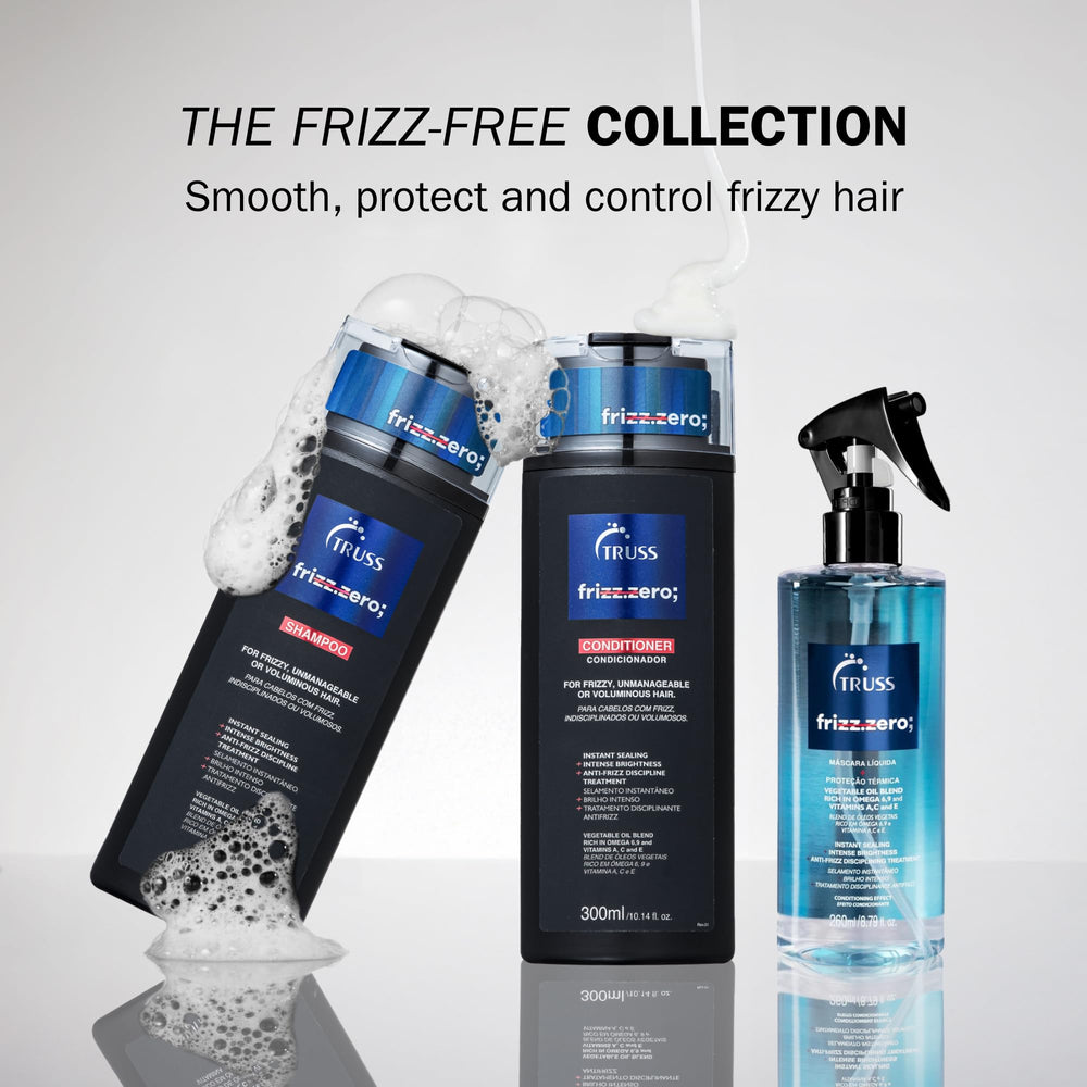 TRUSS Frizz Zero Shampoo label highlights Omega oil blend for nourishment