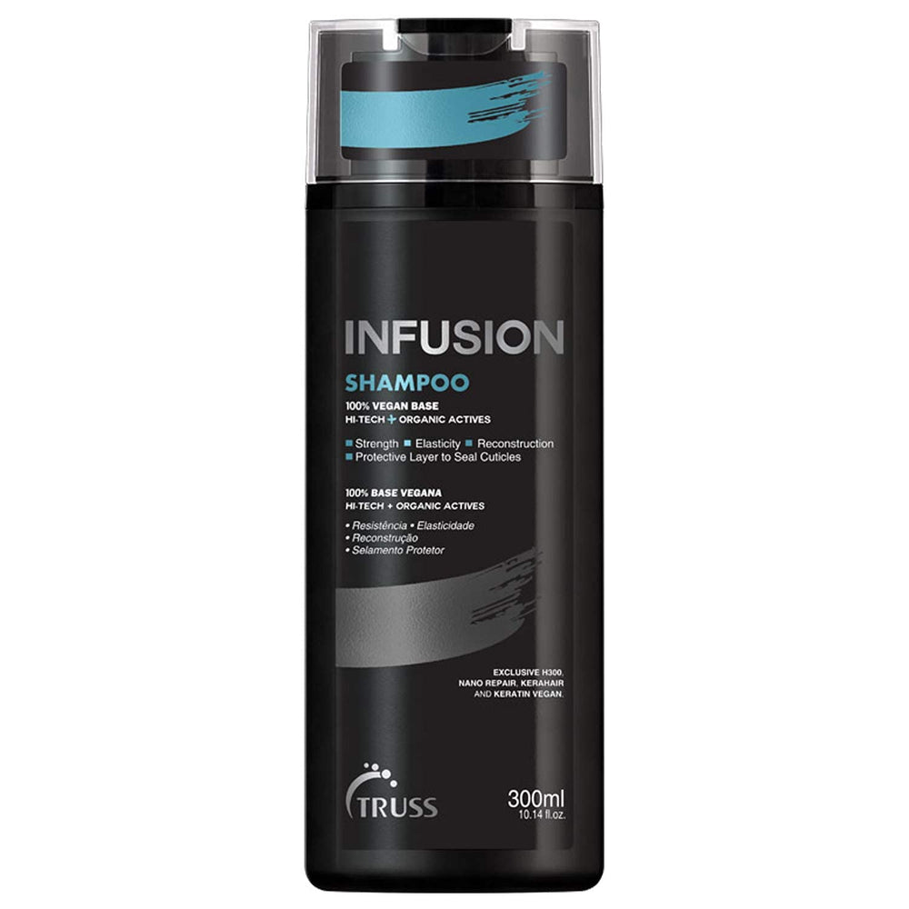 TRUSS Infusion Shampoo bottle shows vegan color-safe formula for daily hydration