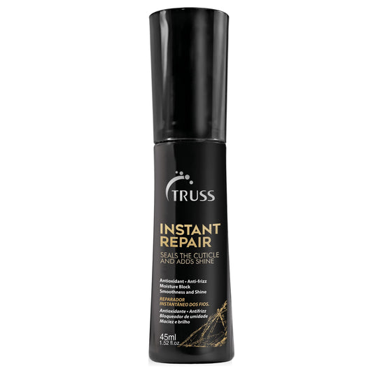 TRUSS Instant Repair Serum bottle shows a leave-in formula for sealing split ends and adding shine.