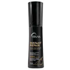 TRUSS Instant Repair Serum bottle shows a leave-in formula for sealing split ends and adding shine.