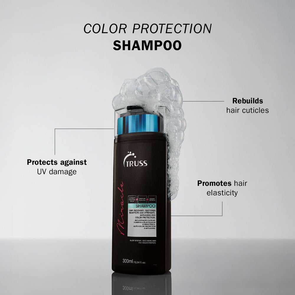 Lush foam from TRUSS Miracle Hair Shampoo massaged into hair for gentle cleansing and elasticity
