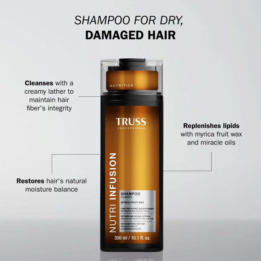 TRUSS Nutri Infusion Shampoo foam lather indicates gentle cleansing for dry strands