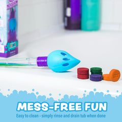 Tub Works bath toys storage with brush and tablets organized
