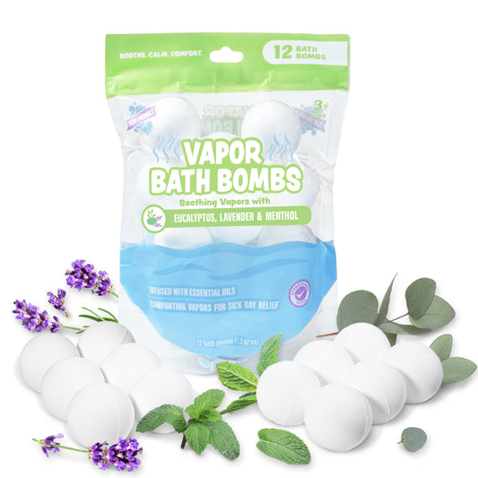 Tub Works Vapor Bath Bombs Pack 12 dissolving in warm water to release calming vapors
