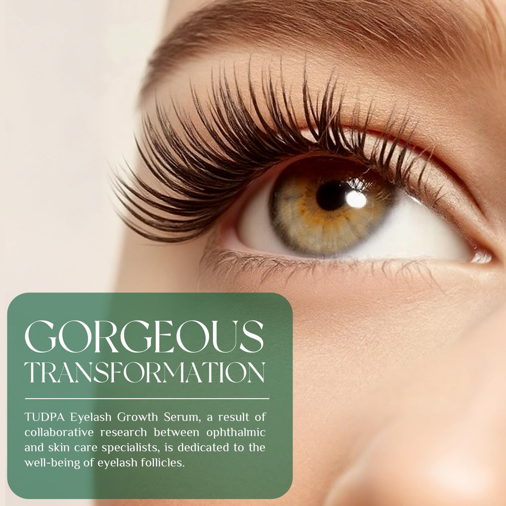 Close-up of TUDPA Eyelash Growth Serum dropper, enabling precise nightly application.
