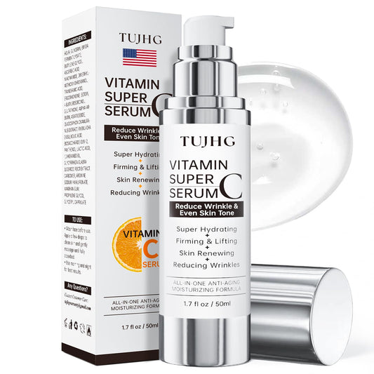 TUJHG Vitamin C Retinol Serum bottle closeup shows premium packaging and brightness possible.