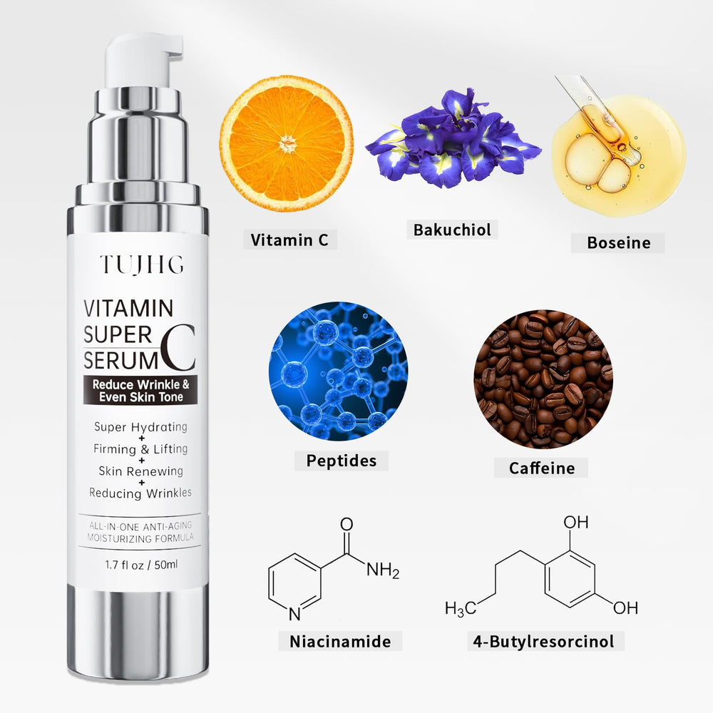 TUJHG Vitamin C Retinol Serum glow effect suggests radiant skin during daily use.