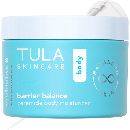 TULA Barrier Balance ceramide body moisturizer bottle showing all-day hydration support.