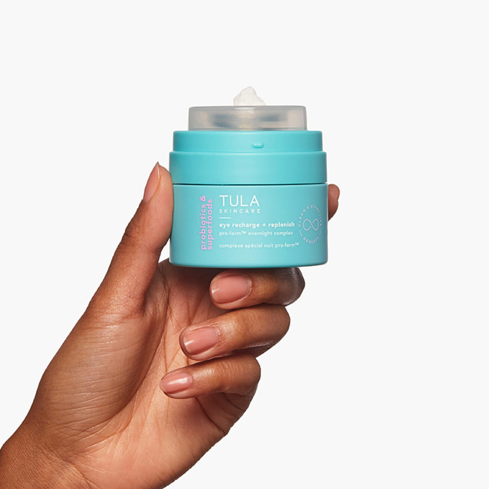 TULA Eye Recharge retinal cream close-up highlighting texture and brightening potential.