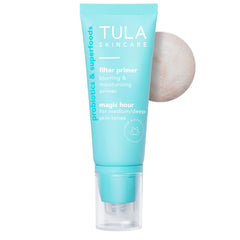 TULA Face Filter Primer Magic Hour bottle demonstrates a smoothing base for makeup.