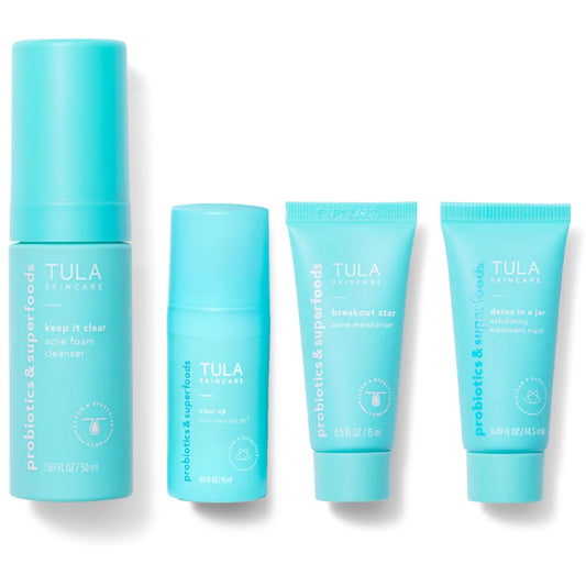TULA Clear Skin Starters Foam Cleanser showcases the cleansing step for clearer pores and preparation.