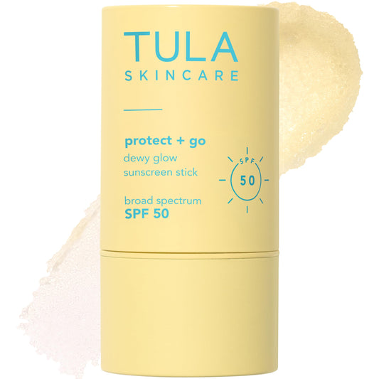 TULA Protect + Glow sunscreen stick in use for mess-free sun protection and a dewy finish.