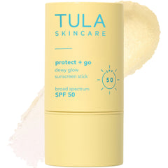 TULA Protect + Glow sunscreen stick in use for mess-free sun protection and a dewy finish.
