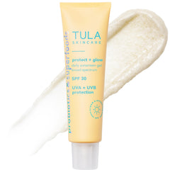 TULA Protect + Glow sunscreen gel bottle showing daily SPF 30 protection.