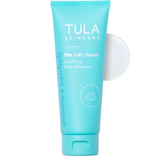 TULA Purifying Face Cleanser bottle closeup for a refreshing cleanse