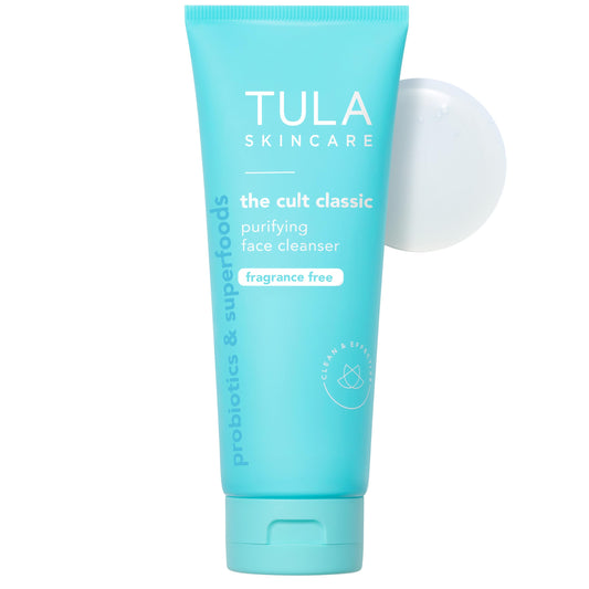 TULA Purifying Face Cleanser bottle—fragrance-free deep cleansing and makeup removal.
