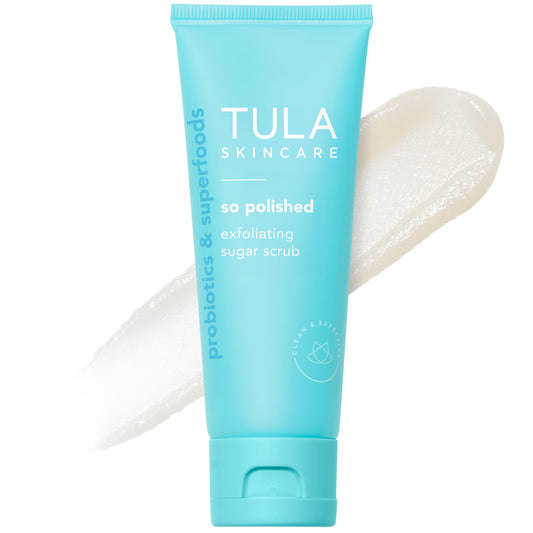 TULA So Polished scrub jar on counter showing smooth texture for radiant skin