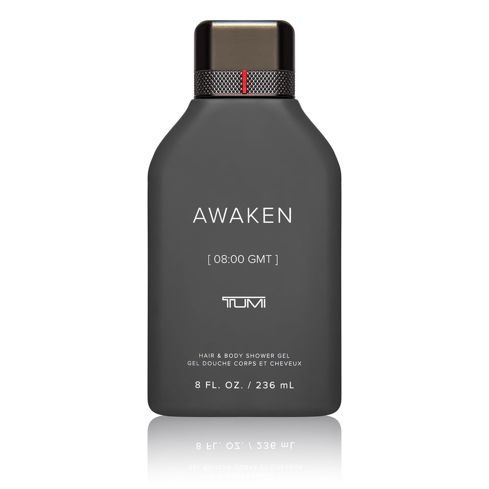 TUMI Awaken fragrance notes highlight citrus-woody aroma for daily ritual.