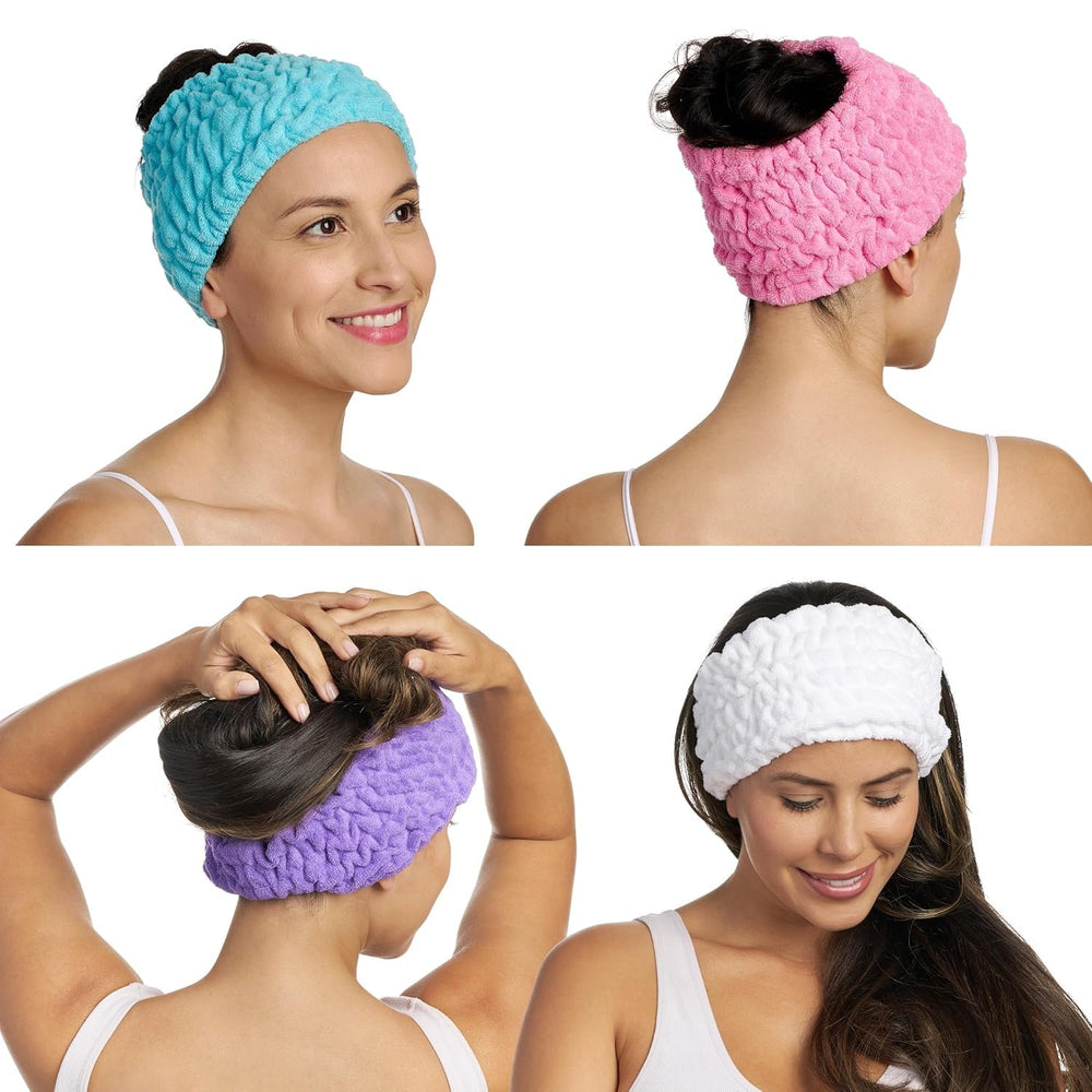 Turbie Twist pink headband securely holds hair for skincare routines.