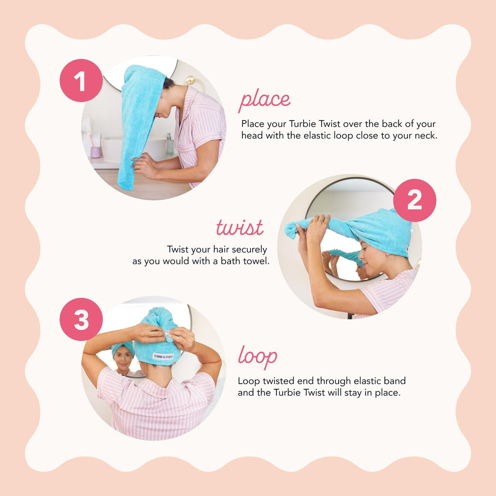 Turbie Twist Mermaid lightweight hair towel wrap ideal for travel.