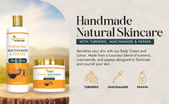 Turmeric body cream labeled jar showing even tone and hydration.