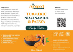Turmeric body lotion being applied to hand demonstrates smooth absorption.