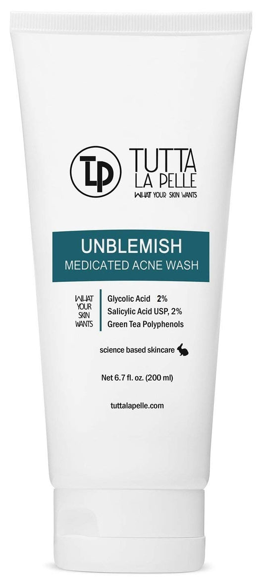 Tutta La Pelle Unblemish acne wash bottle for daily cleansing and oil control.