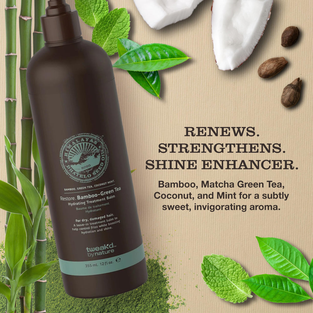 Tweak’d by Nature Restore Leave-In Balm ingredients close-up with matcha and coconut for hydration