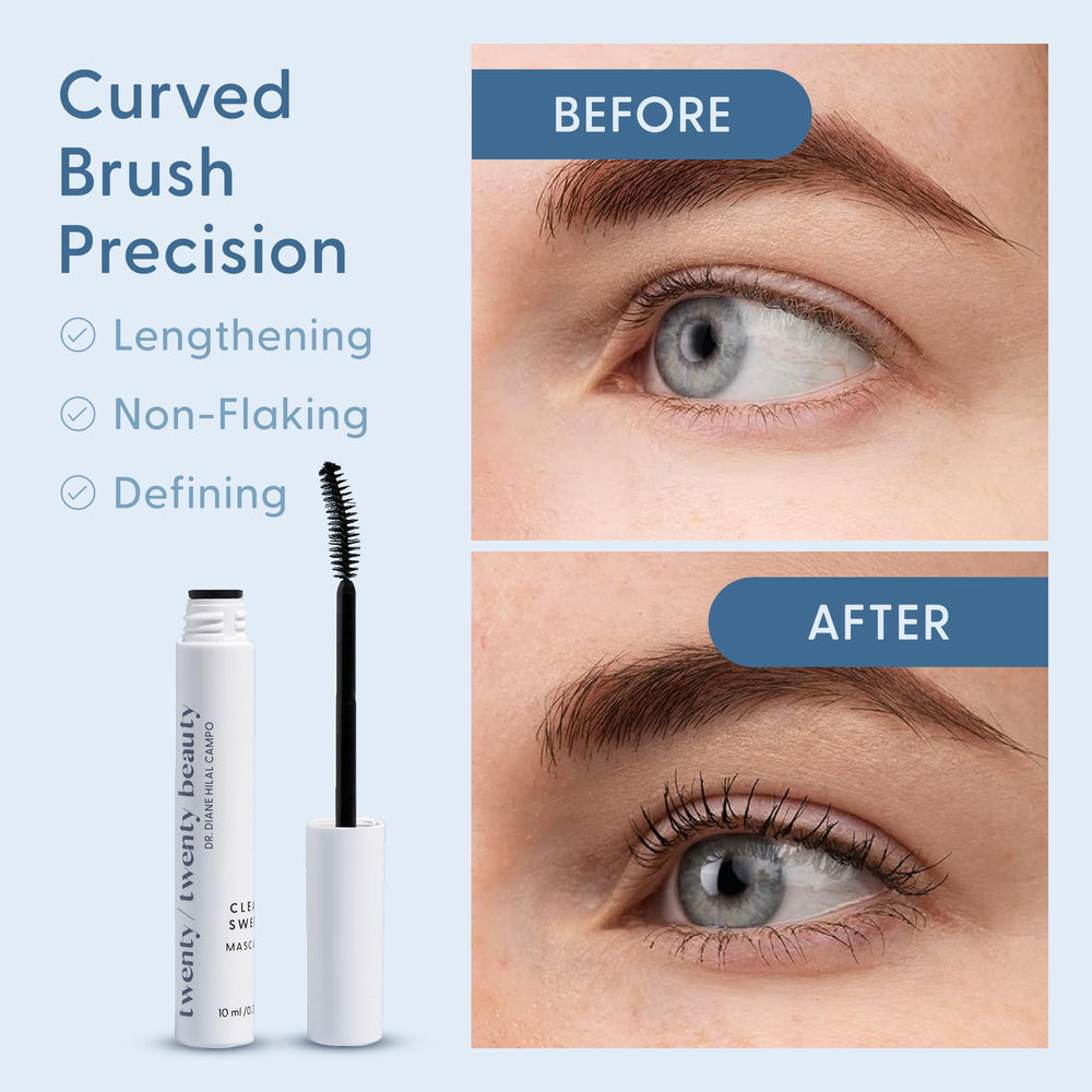 Ophthalmologist-developed badge on Twenty Twenty Clean Sweep Mascara for safety focus.
