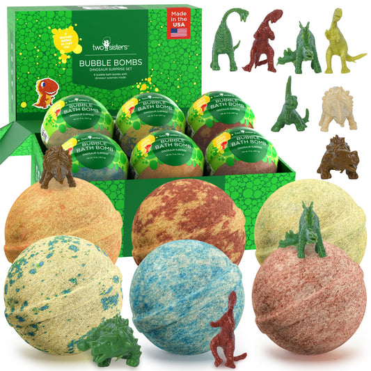 Two Sisters dinosaur bath bomb in 6-pack reveals toy inside for playful bath time