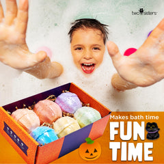 Two Sisters bath bombs with fruity scents and kid friendly formula for safe play