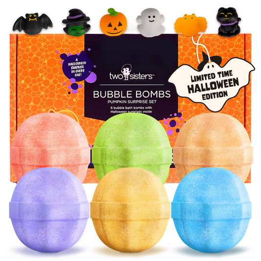 Two Sisters Halloween bath bomb pumpkin shaped with surprise toy inside for kids bath time fun